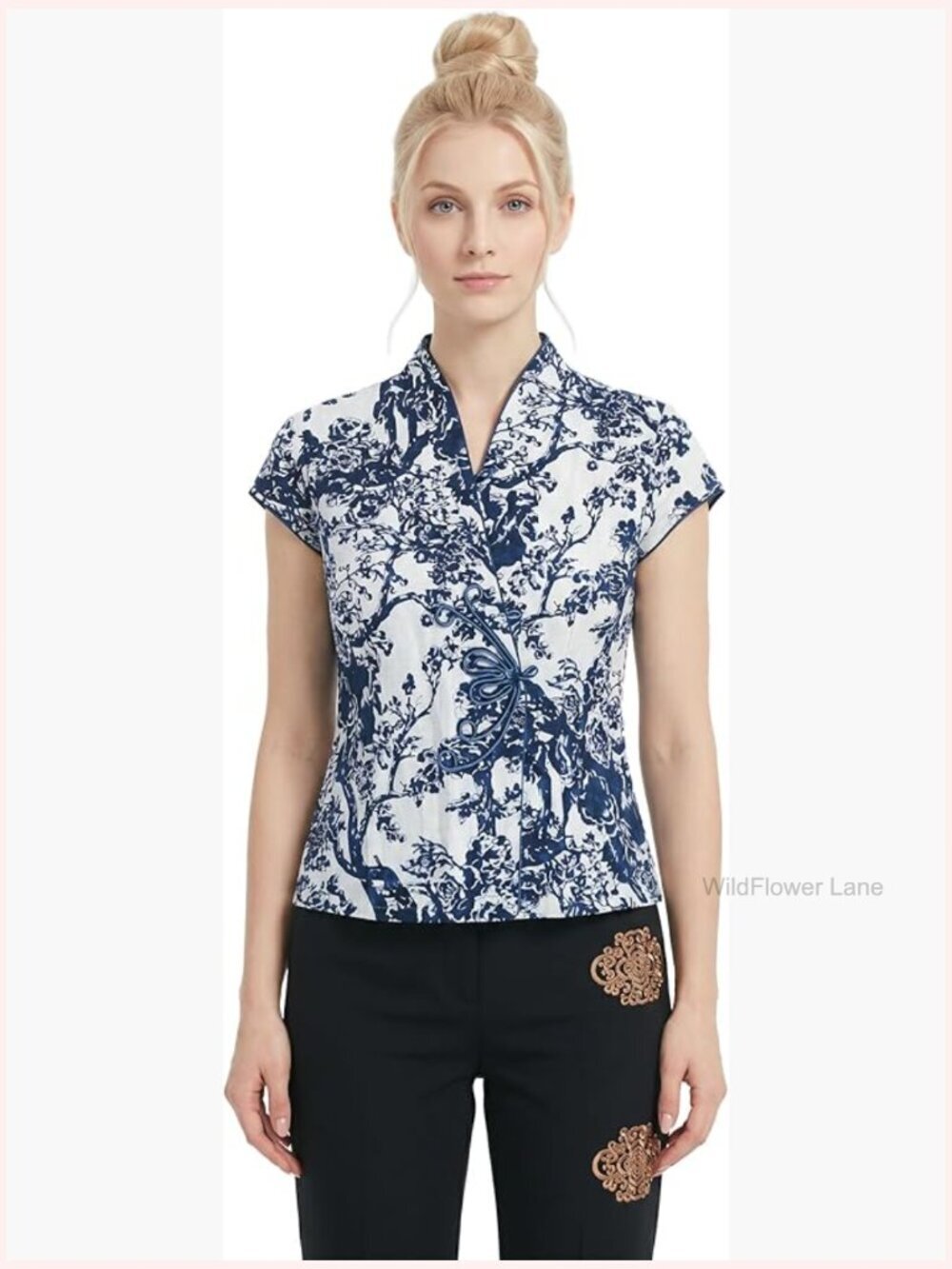 Blue Foliage Print Waist Flower Button Surplice Blouse Top